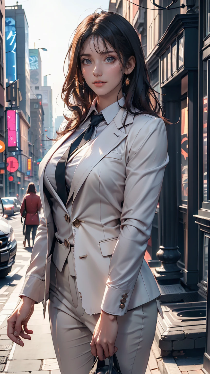 (8K, RAW Photos, Highest quality, masterpiece: 1.2), (Realistic, photoRealistic: 1.37), 1 Woman in a suit standing on the sidewalk, Cityscape, Day, Sunny Morning, Professional Lighting, Photon Mapping, Radio City, Brazilian Women, Torn, shirt, Woman in a suit, Silk Suit