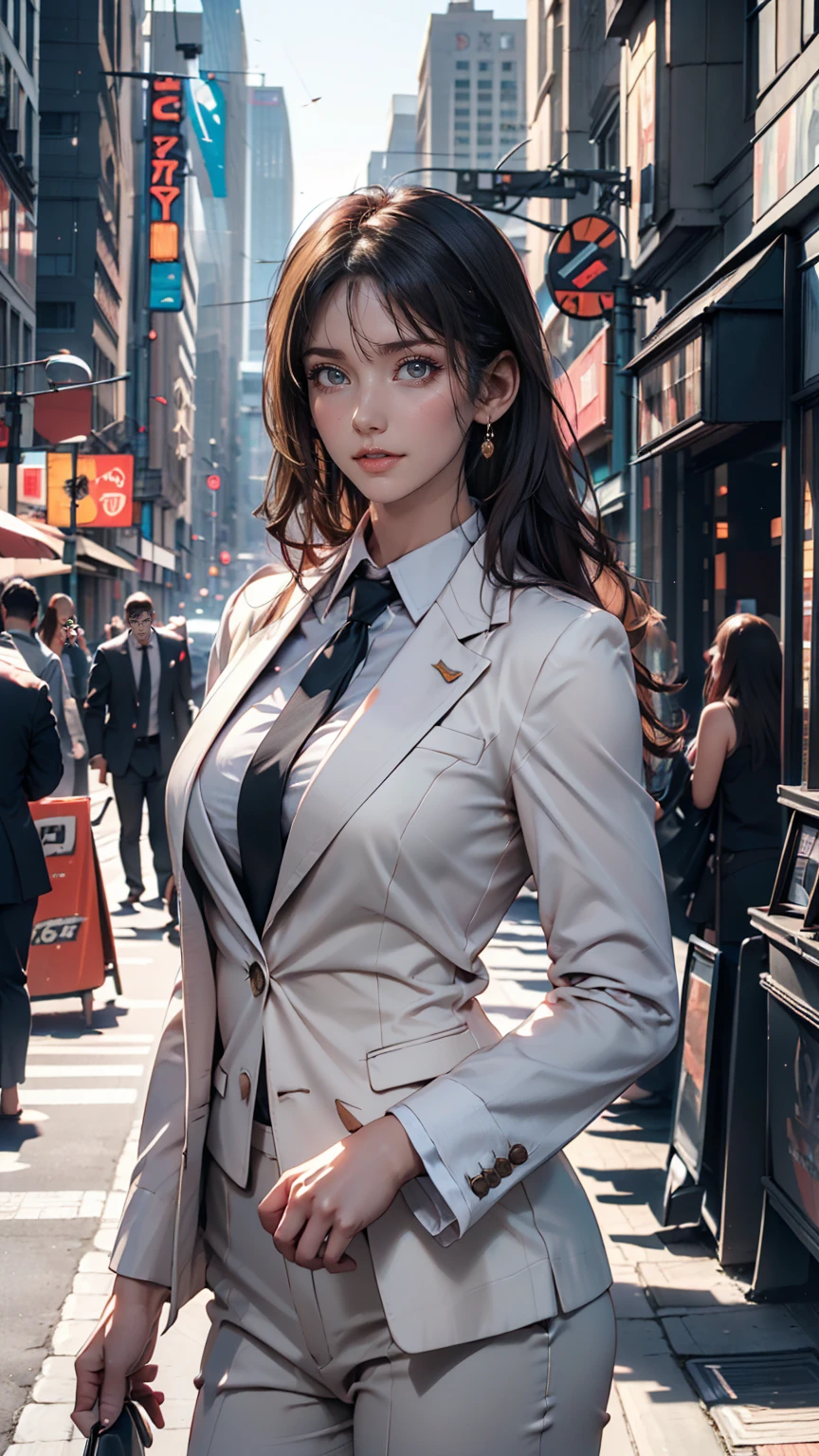 (8K, RAW Photos, Highest quality, masterpiece: 1.2), (Realistic, photoRealistic: 1.37), 1 Woman in a suit standing on the sidewalk, Cityscape, Day, Sunny Morning, Professional Lighting, Photon Mapping, Radio City, Brazilian Women, Torn, shirt, Woman in a suit, Silk Suit