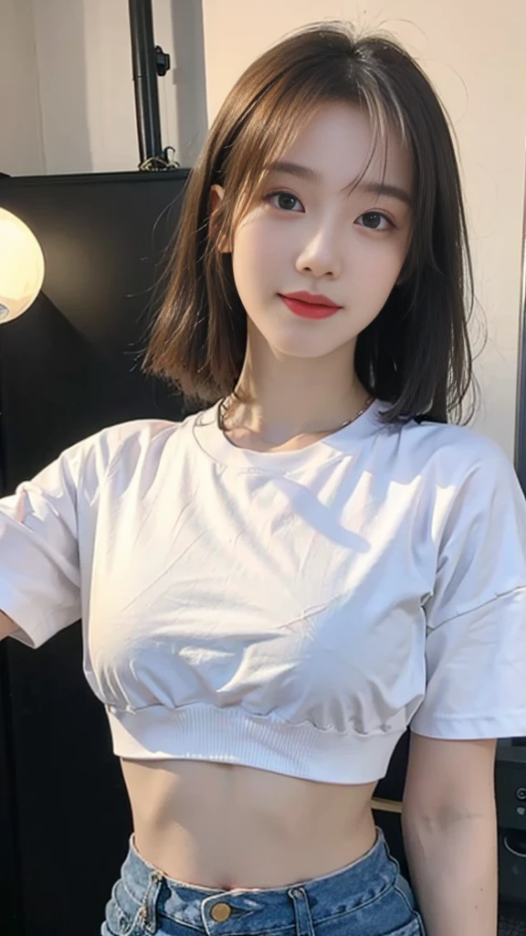 (Original photo: 1.2), (realistic: 1.4), (masterpiece: 1.3), (highest quality: 1.4), dream-like, (fine eyes), (detailed facial features), (Detailed features of clothing), skin tension, (shiny skin), (slim girl), (slim girl), (slim girl), 1 girl, Veronica Code, alone, cute, bangs, short brown hair, black eye, (medium breasts), ((shirt)), dynamic pose, (Kodak Film Color) ((I can't see the camera)) ((White Studio) (studio light) ,(crop top:1.4)