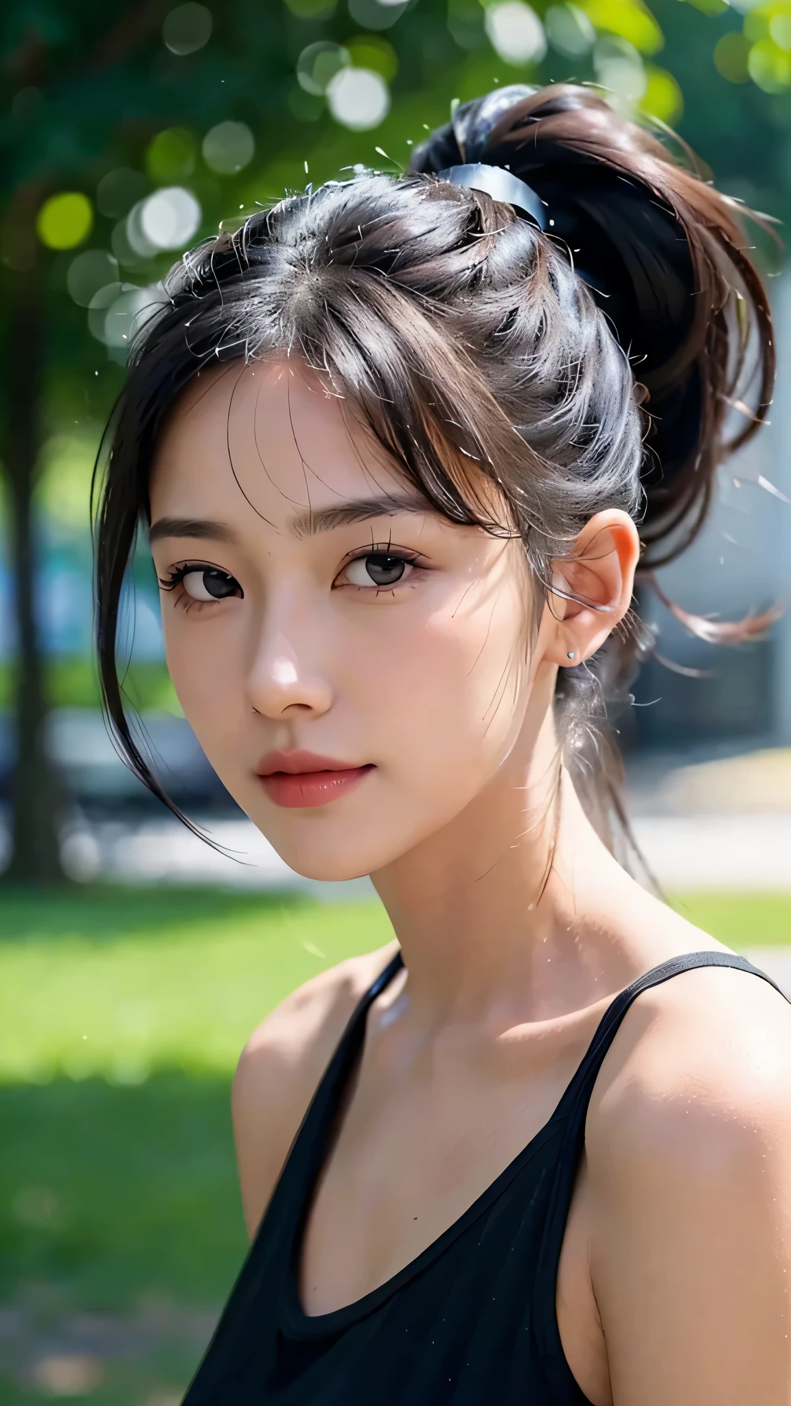 dress,outdoors,Urban Park,On the lawn,One woman,close up face,fully body photo,masutepiece, The highest image quality, High quality, the background is clear，Beautiful woman, Japanese, Detailed, Ultra-detailed, finely detail, hight resolution, 8K Wallpaper, Perfect dynamic composition, Beautiful detailed eyes ,Detailed eyes, Detailed skin, Beautiful skin, 超hight resolution, (reality: 1.4),Very beautiful woman, Slightly younger face, Beautiful skin, slender, (Ultra photo realsisim), (hight resolution), (8K), (Very detailed) (beautifully detailed eyes), (super detailed),   (Detailed face), view the viewer, Fine details, Detailed face, Staring straight ahead, Staring straight ahead, photos realistic, Bright lighting, Professional Lighting, Black hair,poneyTail,a baby face,sixteen years old,Hairstyle: ponytail,Long ponytail hairstyle,slight smile,