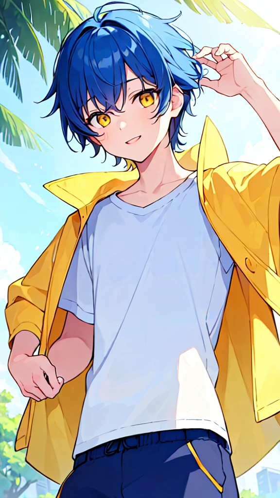 [(SUMMER BACKGROUND:1.5),::5], ((((masterpiece)))), high quality, very_high_resolution, large_filesize, upper body, full color, ((Solo)), (()), 13 old year, men's short deepblue hair, vivid color, ((yellow eye)), Summer clothes white, animestyle, light smile