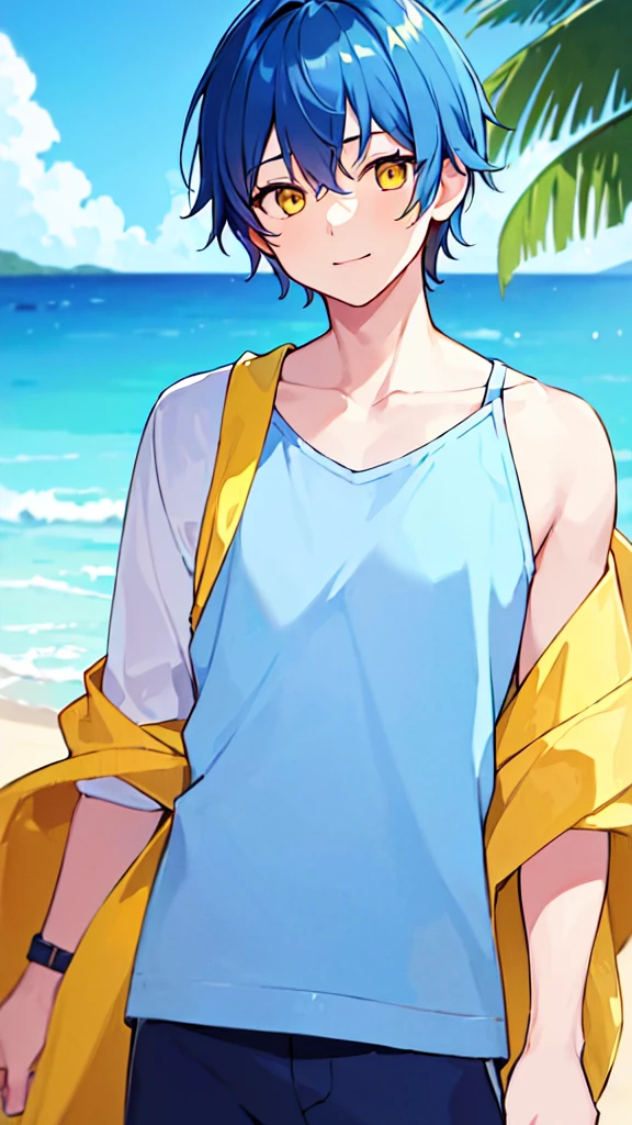 [(SUMMER BACKGROUND:1.5),::5], ((((masterpiece)))), high quality, very_high_resolution, large_filesize, upper body, full color, ((Solo)), ((little boy)), 13 old year, men's short deepblue hair, vivid color, ((yellow eye)), Summer clothes white, animestyle, light smile