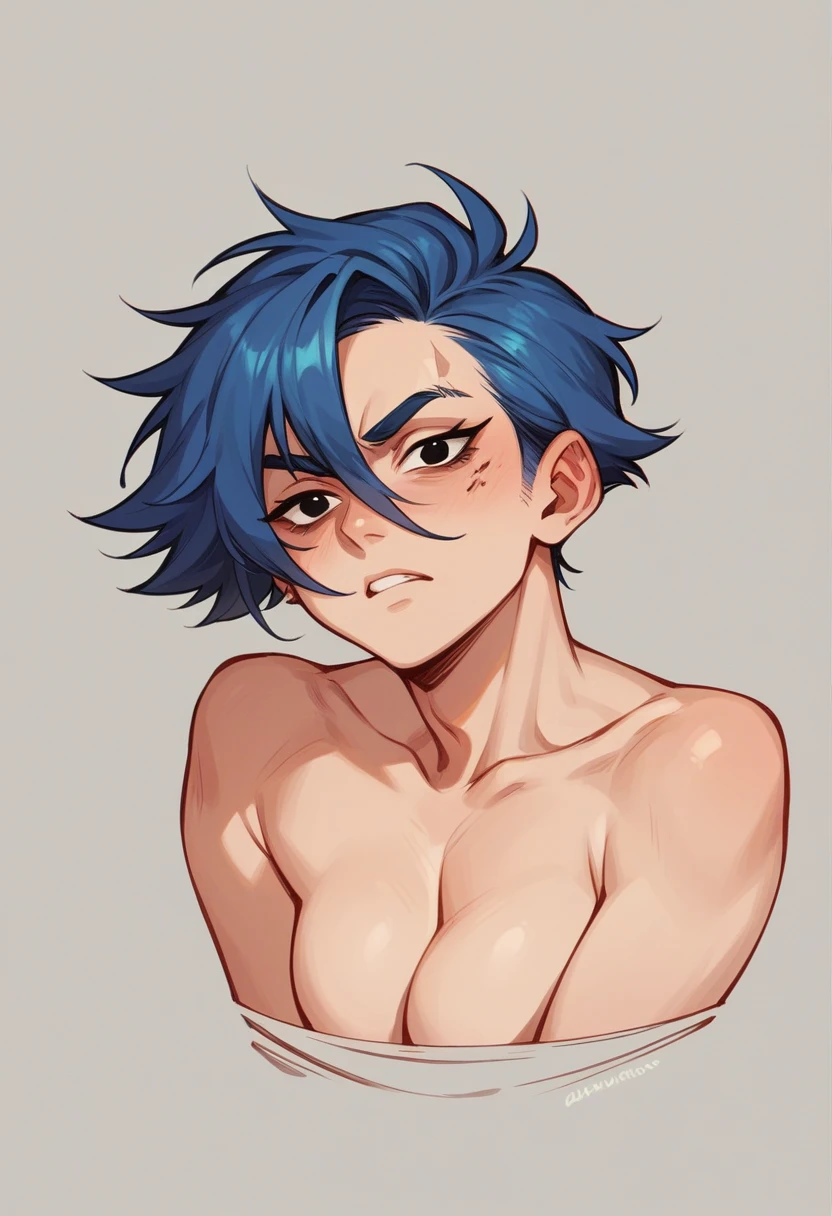 Dark blue hair , black eyes handsome face in his s and growing period