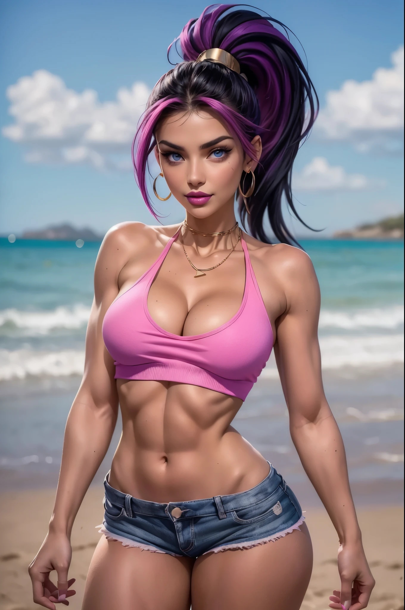 beautiful, 26 year old girl, slim body, (black hair [purple highlights]), blue eyes, pink lipstick, mascara, blush, beautiful eyebrows, white crop top hoodie, soft skin, gold necklace, ponytail, short shorts, smirk, on the beach, (full body shot), looking back at the viewer