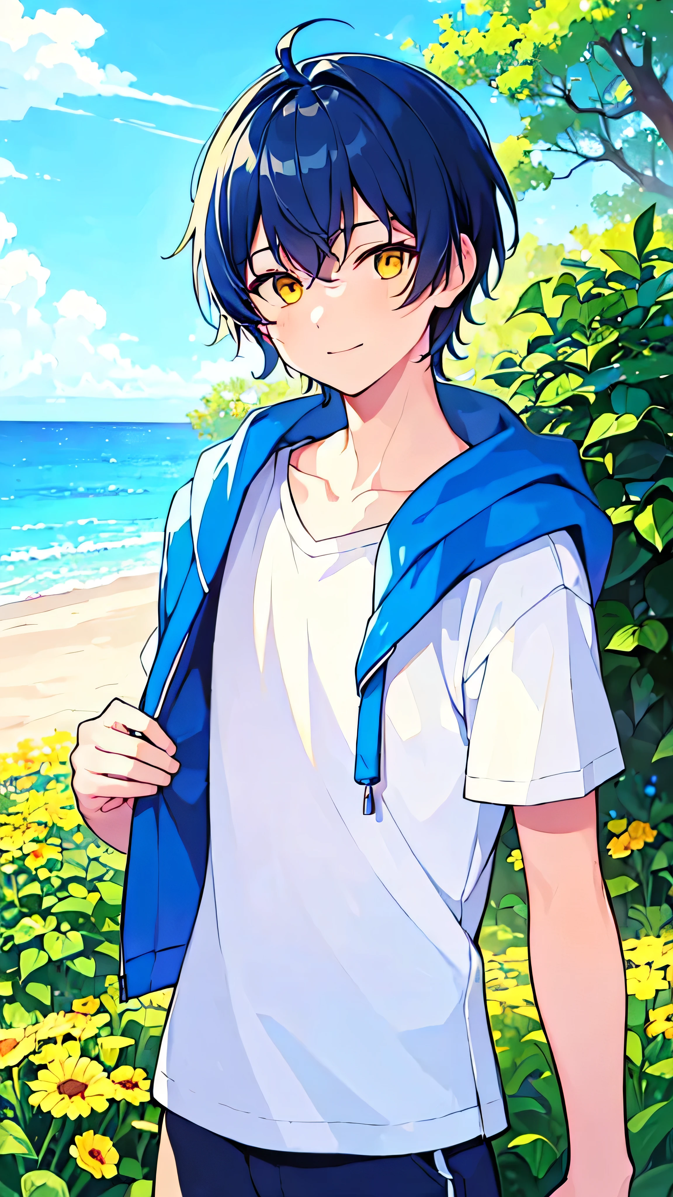 [(SUMMER BACKGROUND:1.5),::5], ((((masterpiece)))), high quality, very_high_resolution, large_filesize, upper body, full color, ((Solo)), (( boy)), 13 olds short deepblue hair, vivid color, ((yellow eye)), Summer clothes white, animestyle, light smile