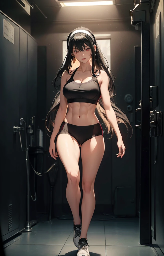 ((1girl, solo)), beautiful body, (perfect anatomy, perfect body, perfect hands, perfect legs), natural proportions, sexy body, large breasts, ((abs)), (((muscular female))), ((full body, full body front)) BREAK

((extremely detailed face)), (beautiful detailed eyes:1.6), (realistic pupils, realistic iris:1), expressive eyes, looking at viewer, (clear eyes:1.3), (hyperrealistic:1.2), (detailed skin texture:1.2), smooth skin, yor briar, ((black hair:1.5), (red eyes:1.5), long hair, hairband, (white hairband:1.3), sidelocks, bangs, ((mature female)), ((little smile)), (detailed lips:1.2), (attractive lips:1.1), (glossy lips:1.1), (parted lips), perfect face, perfect eyes, earrings BREAK

((sports bra)), buruma, (ass visible through thighs), shoes, (black sportswear), black shorts, midriff BREAK

(masterpiece:1.5), anime-style, top quality, best quality, (beautiful and aesthetic:1.2), (ultra detail:1.5), Ultra-detailed depiction, Ultra-precise depiction, extremely detailed 8k illustration, high resolution, (highly detailed shading:1.2), (realistic lighting:1.4), perfect lighting, vibrant colors, dynamic tones, striking hues, 8k, absurd resolution, perfect shadows, hdr, UHD, ambient lighting, realistic, ultra-realistic, photo realistic, highly detailed, rich detail, luminous colors, fine texture, intricate design, professional illustration, (soft light:1.2), (illustration:0.7)