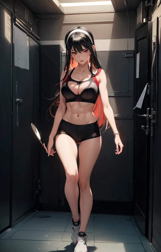 ((1girl, solo)), beautiful body, (perfect anatomy, perfect body, perfect hands, perfect legs), natural proportions, sexy body, large breasts, ((abs)), (((muscular female))), ((full body, full body front)) BREAK
((extremely detailed face)), (beautiful detailed eyes:1.6), (realistic pupils, realistic iris:1), expressive eyes, looking at viewer, (clear eyes:1.3), (hyperrealistic:1.2), (detailed skin texture:1.2), smooth skin, yor briar, ((black hair:1.5), (red eyes:1.5), long hair, hairband, (white hairband:1.3), sidelocks, bangs, ((mature female)), ((little smile)), (detailed lips:1.2), (attractive lips:1.1), (glossy lips:1.1), (parted lips), perfect face, perfect eyes, earrings BREAK
((sports bra)), buruma, (ass visible through thighs), shoes, (black sportswear), black shorts, midriff BREAK
(masterpiece:1.5), anime-style, top quality, best quality, (beautiful and aesthetic:1.2), (ultra detail:1.5), Ultra-detailed depiction, Ultra-precise depiction, extremely detailed 8k illustration, high resolution, (highly detailed shading:1.2), (realistic lighting:1.4), perfect lighting, vibrant colors, dynamic tones, striking hues, 8k, absurd resolution, perfect shadows, hdr, UHD, ambient lighting, realistic, ultra-realistic, photo realistic, highly detailed, rich detail, luminous colors, fine texture, intricate design, professional illustration, (soft light:1.2), (illustration:0.7)