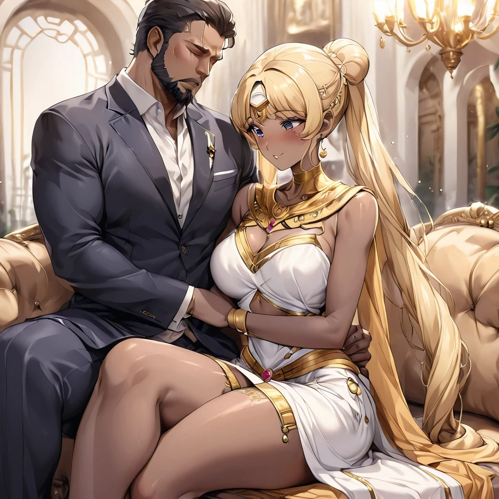 ((Highest quality)), ((masterpiece)), (detailed), (Perfect Face)、The woman is a Muslim Egyptian named Tsukino Usagi with vivid brown skin. She is wearing a gorgeous, glittering Egyptian traditional dress with gold embroidery, a gorgeous hijab, gorgeous jeweled accessories and an engagement ring in a luxurious Egyptian mansion. The woman and the man are sitting on a luxurious, large sofa in the luxurious room, and the woman is being embraced, kissed and caressed by a dignified, strong-bearded middle-aged man wearing Egyptian traditional dress.、The woman is the elegant Tsukino Usagi, with long blonde hair in a chignon twin tail, and is a Muslim Egyptian with bright brown skin and wearing an Egyptian costume and a gorgeous hijab.、(The woman is the dark-skinned Egyptian Tsukino Usagi.)、The man is a dignified, muscular, bearded, middle-aged Egyptian Muslim man wearing traditional Egyptian clothing.