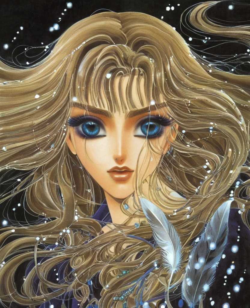 "Create an anime-style close-up artwork of a young witch girl, with detailed, high-quality eyes. She has long, flowing hair adorned with magical accessories like feathers and beads, and wears a mystical robe with intricate patterns and symbols. Her eyes should be the focal point, shimmering with arcane power and reflecting the glow of mystical energies. The background should hint at a magical sanctum or forest clearing, with blurred images of glowing spell books, cauldrons, and mystical creatures, capturing the essence of her mysterious and enchanting persona."