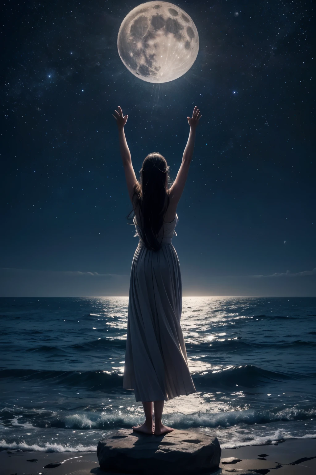 ### Image of the End
**Prompt:**
A starry sky with a full moon shining over a calm sea. A standing figure, with arms raised in thanks and praise, next to a tall rock, symbolizing stability and divine protection. The scene conveys a sense of accomplishment, peace and gratitude.
