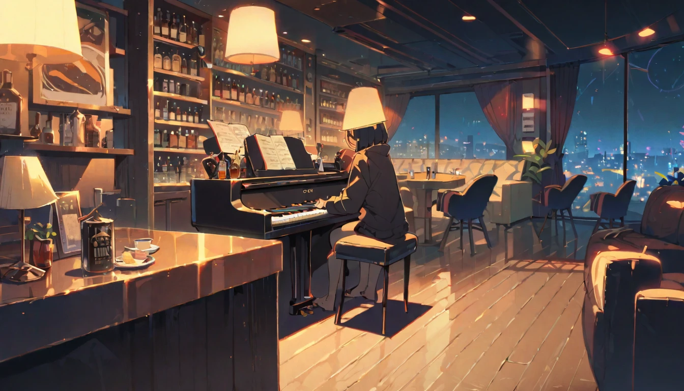 ((anime:1.4,illustration)),(masterpiece, top quality, best quality),(ultra-detailed, absolutely resolution),((16k, high res)), (((piano, night lounge, lamp, counter, bar)) ((cozy lofi illustration:1.4)), ((anime:1.4, illustration)),(masterpiece, top quality, best quality),(ultra-detailed, absolutely resolution),((16k, high res)) BREAK {lofi art, style of Laurie Greasley, style of Makoto Shinkai, anime aesthetic}, BREAK { (produces images with information than 40 million pixels with cinematic-like detailed textures shot on a Sony SLR).}