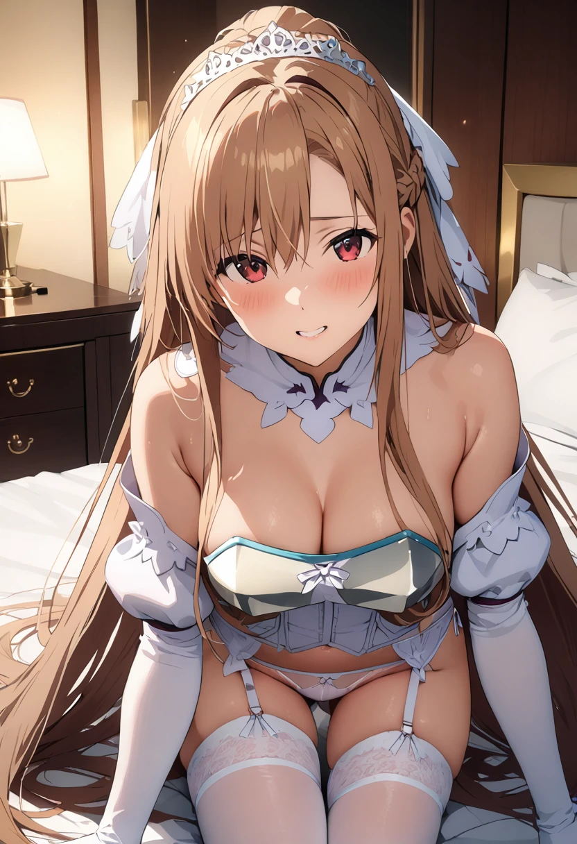((masterpiece)), Highest quality, Very detailed,(One person々々girl),Yuki Asuna、Asuna (Stay), Bare shoulders, breastplate, armor, Removable sleeves, gloves, white gloves, Wedding dress, White Dress, garter belt、stockings、White stiletto heels、 Long Hair,Beautiful background ,clothing, Destroy a room in a luxury hotel in Tokyo, On a bed with white sheets,
