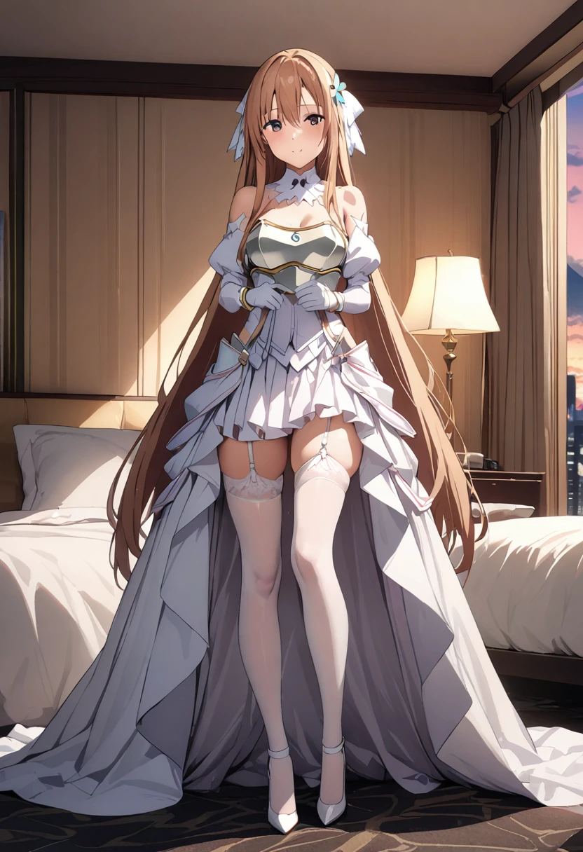 ((masterpiece)), Highest quality, Very detailed,(One person々々girl),Yuki Asuna、Asuna (Stay), Bare shoulders, breastplate, armor, Removable sleeves, gloves, white gloves, Wedding dress, White Dress, garter belt、stockings、White stiletto heels、 Long Hair,Beautiful background ,clothing, Destroy a room in a luxury hotel in Tokyo, On a bed with white sheets,