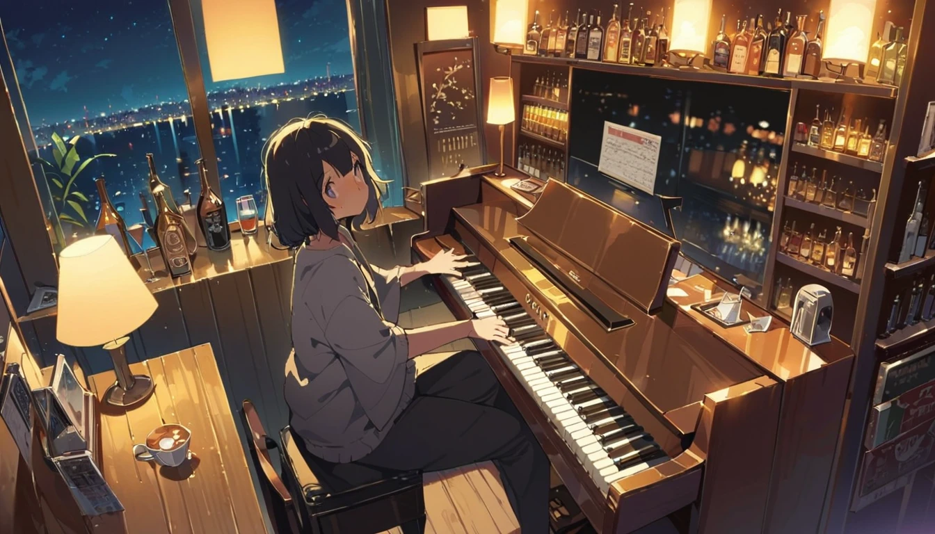 ((anime:1.4,illustration)),(masterpiece, top quality, best quality),(ultra-detailed, absolutely resolution),((16k, high res)), (((piano, night lounge, lamp, counter, bar)) ((cozy lofi illustration:1.4)), ((anime:1.4, illustration)),(masterpiece, top quality, best quality),(ultra-detailed, absolutely resolution),((16k, high res)) BREAK {lofi art, style of Laurie Greasley, style of Makoto Shinkai, anime aesthetic}, BREAK { (produces images with information than 40 million pixels with cinematic-like detailed textures shot on a Sony SLR).}
