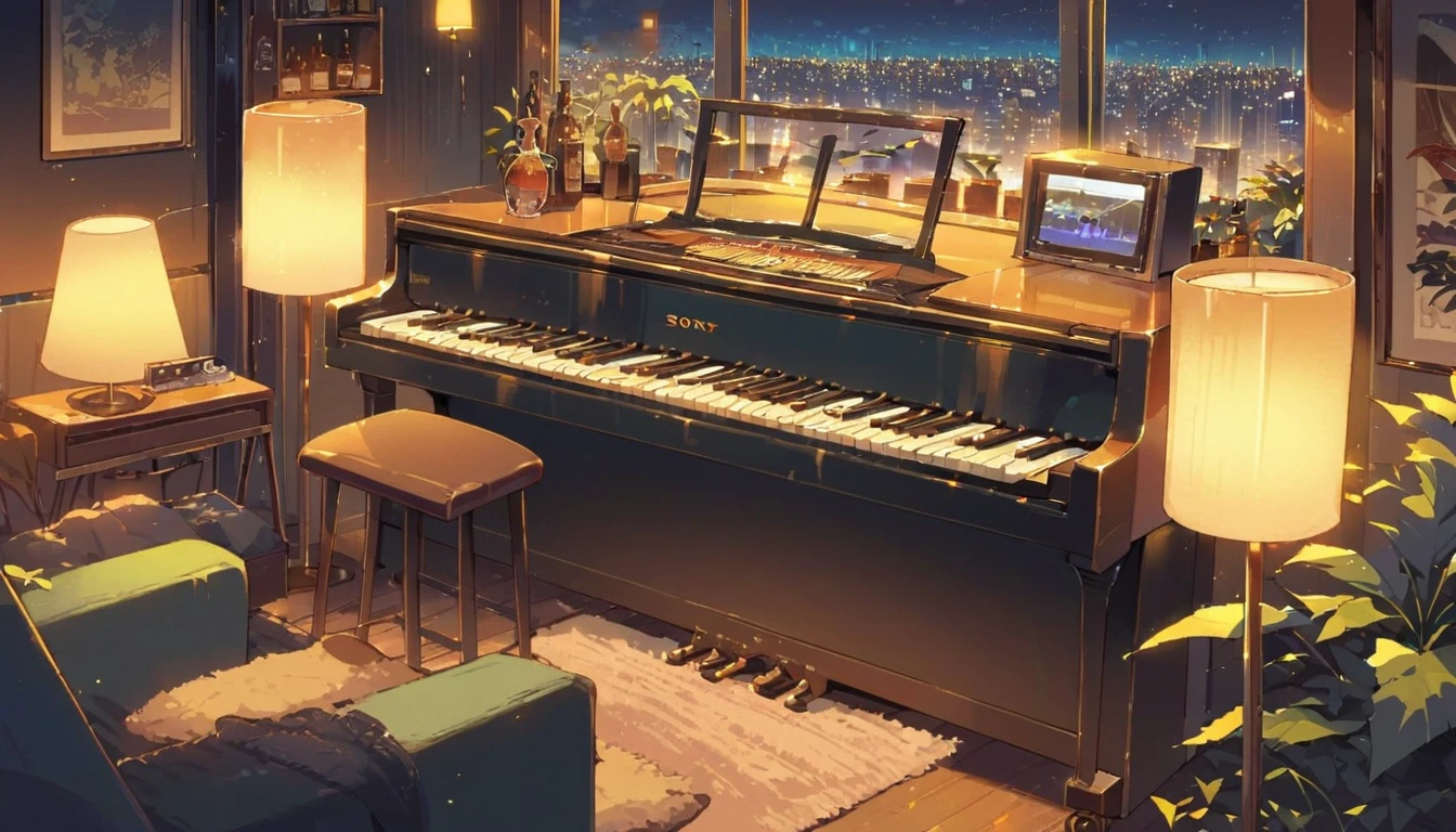 ((anime:1.4,illustration)),(masterpiece, top quality, best quality),(ultra-detailed, absolutely resolution),((16k, high res)), (((piano, night lounge, lamp, counter, bar)) ((cozy lofi illustration:1.4)), ((anime:1.4, illustration)),(masterpiece, top quality, best quality),(ultra-detailed, absolutely resolution),((16k, high res)) BREAK {lofi art, style of Laurie Greasley, style of Makoto Shinkai, anime aesthetic}, BREAK { (produces images with information than 40 million pixels with cinematic-like detailed textures shot on a Sony SLR).}