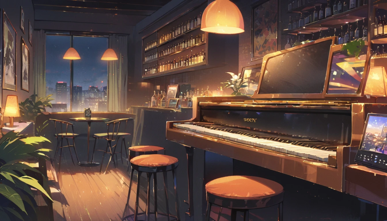((anime:1.4,illustration)),(masterpiece, top quality, best quality),(ultra-detailed, absolutely resolution),((16k, high res)), (((piano, night lounge, lamp, counter, bar)) ((cozy lofi illustration:1.4)), ((anime:1.4, illustration)),(masterpiece, top quality, best quality),(ultra-detailed, absolutely resolution),((16k, high res)) BREAK {lofi art, style of Laurie Greasley, style of Makoto Shinkai, anime aesthetic}, BREAK { (produces images with information than 40 million pixels with cinematic-like detailed textures shot on a Sony SLR).}