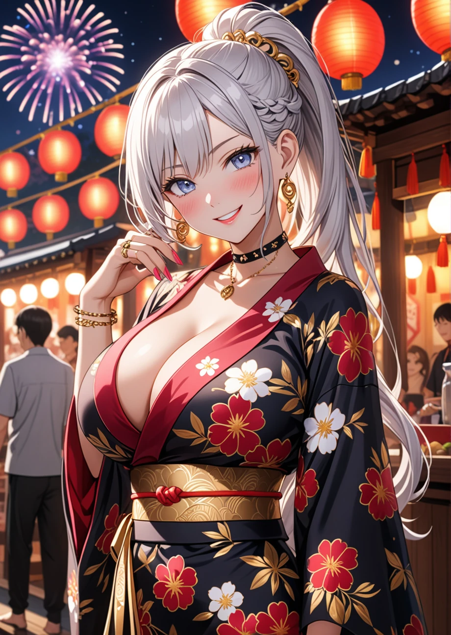 ((One personの女性)), Beautiful Face, (Laughing embarrassedly), (smirk:1.4), ((Wink:1.5)), (head tilt:1.3), Laugh with your mouth wide open, upper teeth, looking at viewer, (Doing sexy poses), ((full-face blush:1.4)), Glossy Red Lips, ((huge breasts:1.2)), night,Approach to the shrine, Festival Stalls, firework, Glossy pink lips, Shining Face, ((Anime style background)),masterpiece, Highest quality, so beautiful,up to date, Complex details, (Pink long nails), (nail art), (ring),(bracelet),(Floral choker), (ring helix piercing:1.5), AI-generated, Complex,High resolution, Highest quality, super high quality,3D Images、3D Images,One person,Long white hair,High Ponytail, Anime woman posing for a photo, ((silver eyes:1.6)), ((Fine grain、blue eyes、Shining Eyes:1.3)), (Squint your eyes:1.1),a hyperRealistic , hyperRealistic , Realistic,Anime woman with long white hair, Smooth anime CG art, (A woman in a colorful kimono with gold embroidery), ((Black long sleeve kimono:1.3)), Red floral pattern,Long flower hair ornament,Earrings,Mature Body,Tall,Abdominal muscles,Tight waist, (face focus:1.4), (dutch angle:1.3),