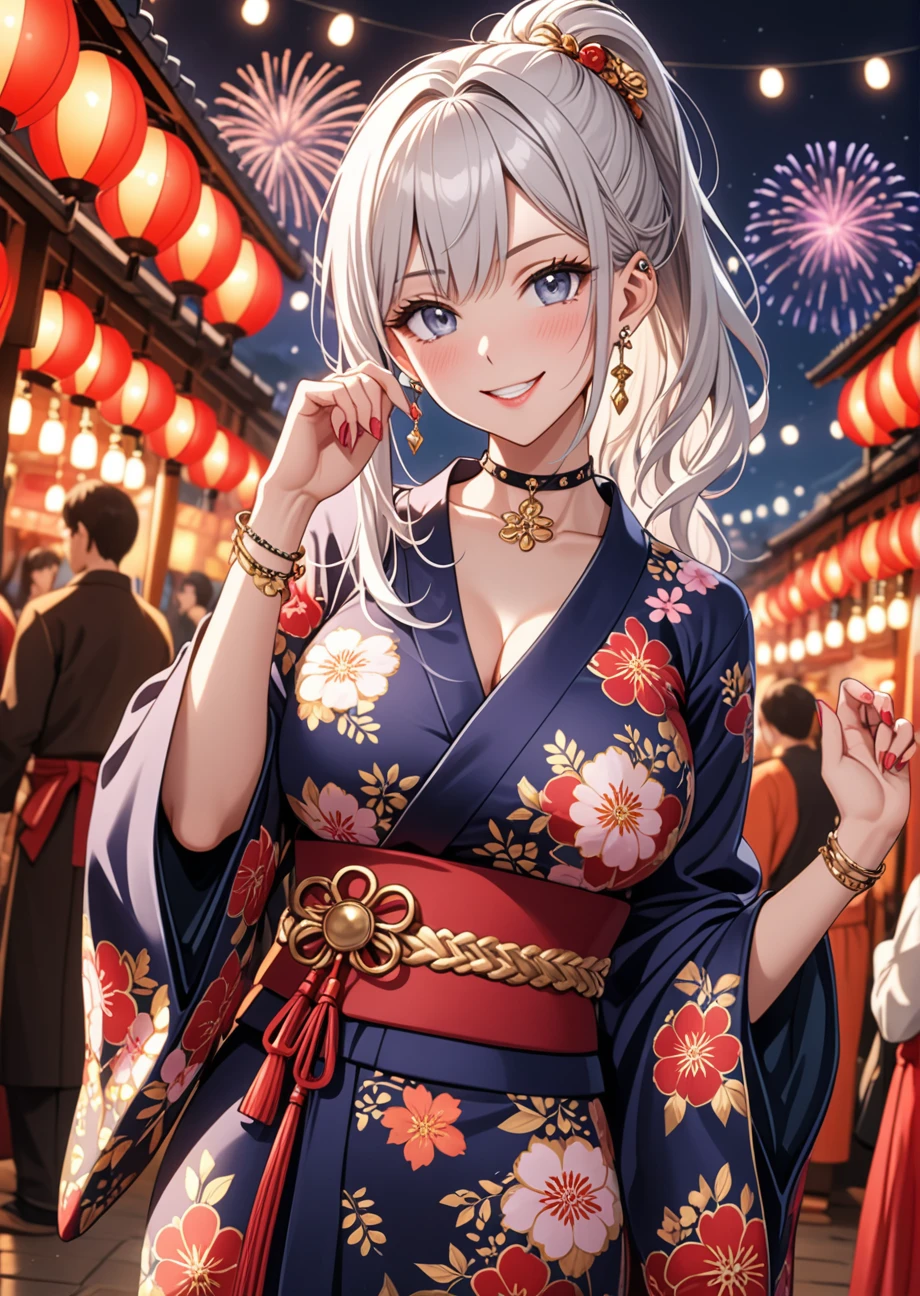 ((One personの女性)), Beautiful Face, (Laughing embarrassedly), (smirk:1.4), ((Wink:1.5)), (head tilt:1.3), Laugh with your mouth wide open, upper teeth, looking at viewer, (Doing sexy poses), ((full-face blush:1.4)), Glossy Red Lips, ((huge breasts:1.2)), night,Approach to the shrine, Festival Stalls, firework, Glossy pink lips, Shining Face, ((Anime style background)),masterpiece, Highest quality, so beautiful,up to date, Complex details, (Pink long nails), (nail art), (ring),(bracelet),(Floral choker), (ring helix piercing:1.5), AI-generated, Complex,High resolution, Highest quality, super high quality,3D Images、3D Images,One person,Long white hair,High Ponytail, Anime woman posing for a photo, ((silver eyes:1.6)), ((Fine grain、blue eyes、Shining Eyes:1.3)), (Squint your eyes:1.1),a hyperRealistic , hyperRealistic , Realistic,Anime woman with long white hair, Smooth anime CG art, (A woman in a colorful kimono with gold embroidery), ((Black long sleeve kimono:1.3)), Red floral pattern,Long flower hair ornament,Earrings,Mature Body,Tall,Abdominal muscles,Tight waist, (face focus:1.4), (dutch angle:1.3),