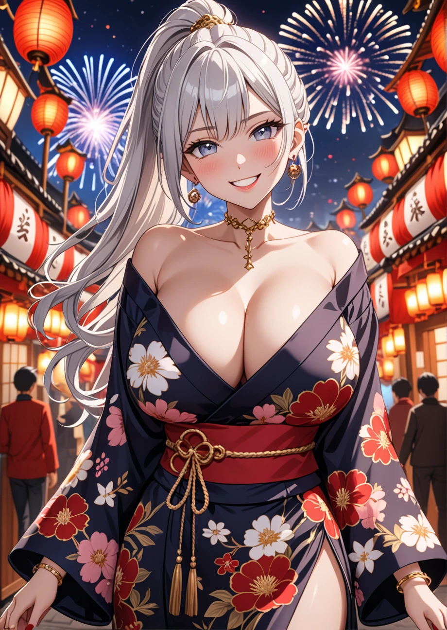 ((One personの女性)), Beautiful Face, (Laughing embarrassedly), (smirk:1.4), ((Wink:1.5)), (head tilt:1.3), Laugh with your mouth wide open, upper teeth, looking at viewer, (Doing sexy poses), ((full-face blush:1.4)), Glossy Red Lips, ((huge breasts:1.2)), night,Approach to the shrine, Festival Stalls, firework, Glossy pink lips, Shining Face, ((Anime style background)),masterpiece, Highest quality, so beautiful,up to date, Complex details, (Pink long nails), (nail art), (ring),(bracelet),(Floral choker), (ring helix piercing:1.5), AI-generated, Complex,High resolution, Highest quality, super high quality,3D Images、3D Images,One person,Long white hair,High Ponytail, Anime woman posing for a photo, ((silver eyes:1.6)), ((Fine grain、blue eyes、Shining Eyes:1.3)), (Squint your eyes:1.1),a hyperRealistic , hyperRealistic , Realistic,Anime woman with long white hair, Smooth anime CG art, (A woman in a colorful kimono with gold embroidery), ((Black long sleeve kimono:1.3)), Red floral pattern,Long flower hair ornament,Earrings,Mature Body,Tall,Abdominal muscles,Tight waist, (face focus:1.4), (dutch angle:1.3),