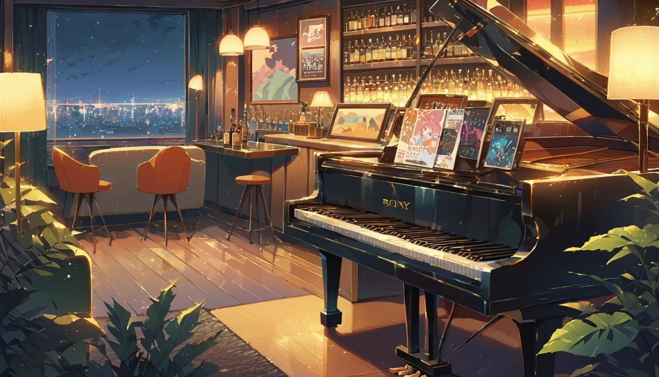 ((anime:1.4,illustration)),(masterpiece, top quality, best quality),(ultra-detailed, absolutely resolution),((16k, high res)), (((piano, night lounge, lamp, counter, bar)) ((cozy lofi illustration:1.4)), ((anime:1.4, illustration)),(masterpiece, top quality, best quality),(ultra-detailed, absolutely resolution),((16k, high res)) BREAK {lofi art, style of Laurie Greasley, style of Makoto Shinkai, anime aesthetic}, BREAK { (produces images with information than 40 million pixels with cinematic-like detailed textures shot on a Sony SLR).}
