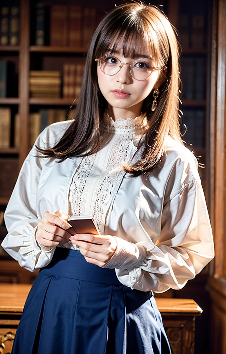 Long straight blonde hair、A woman with clear blue eyes、Reading a book in a quiet reading room in an old library。She wears a classic white lace blouse and、Wearing black high waist pants。In the background are tall bookshelves、Antique wooden desks and chairs lined up、It creates a calm atmosphere。In front of her was a large open book and a notebook.、He is concentrating on reading while holding a pen。wearing gold frame glasses、The way she turns the pages from time to time is intelligent and elegant.。A simple watch on your wrist、Modest pearl earrings rounded out her look.。The soft natural light coming in through the large windows enveloped her.、Emphasizing a quiet and intellectual atmosphere。