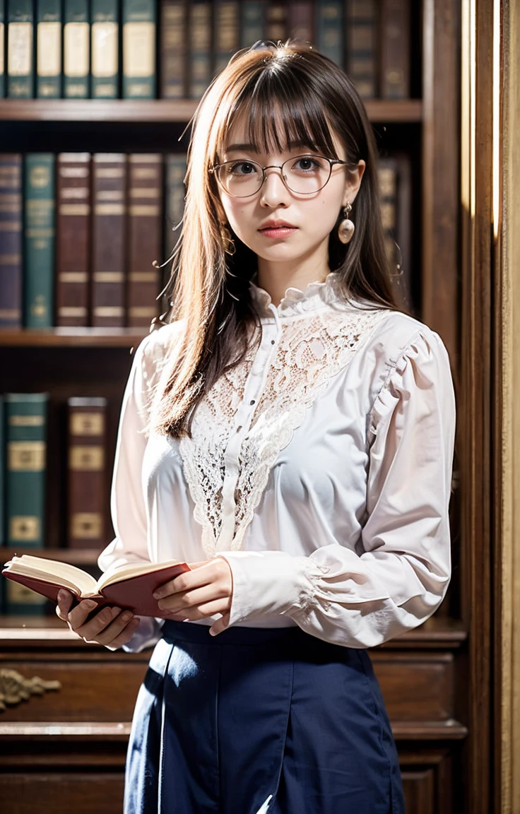 Long straight blonde hair、A woman with clear blue eyes、Reading a book in a quiet reading room in an old library。She wears a classic white lace blouse and、Wearing black high waist pants。In the background are tall bookshelves、Antique wooden desks and chairs lined up、It creates a calm atmosphere。In front of her was a large open book and a notebook.、He is concentrating on reading while holding a pen。wearing gold frame glasses、The way she turns the pages from time to time is intelligent and elegant.。A simple watch on your wrist、Modest pearl earrings rounded out her look.。The soft natural light coming in through the large windows enveloped her.、Emphasizing a quiet and intellectual atmosphere。