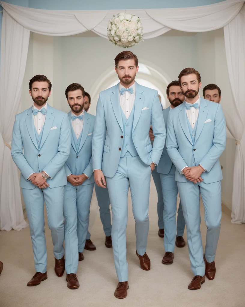 Group of rich and smart boys mustach in pastel blue tuxedos for a wedding , ultra realistic 