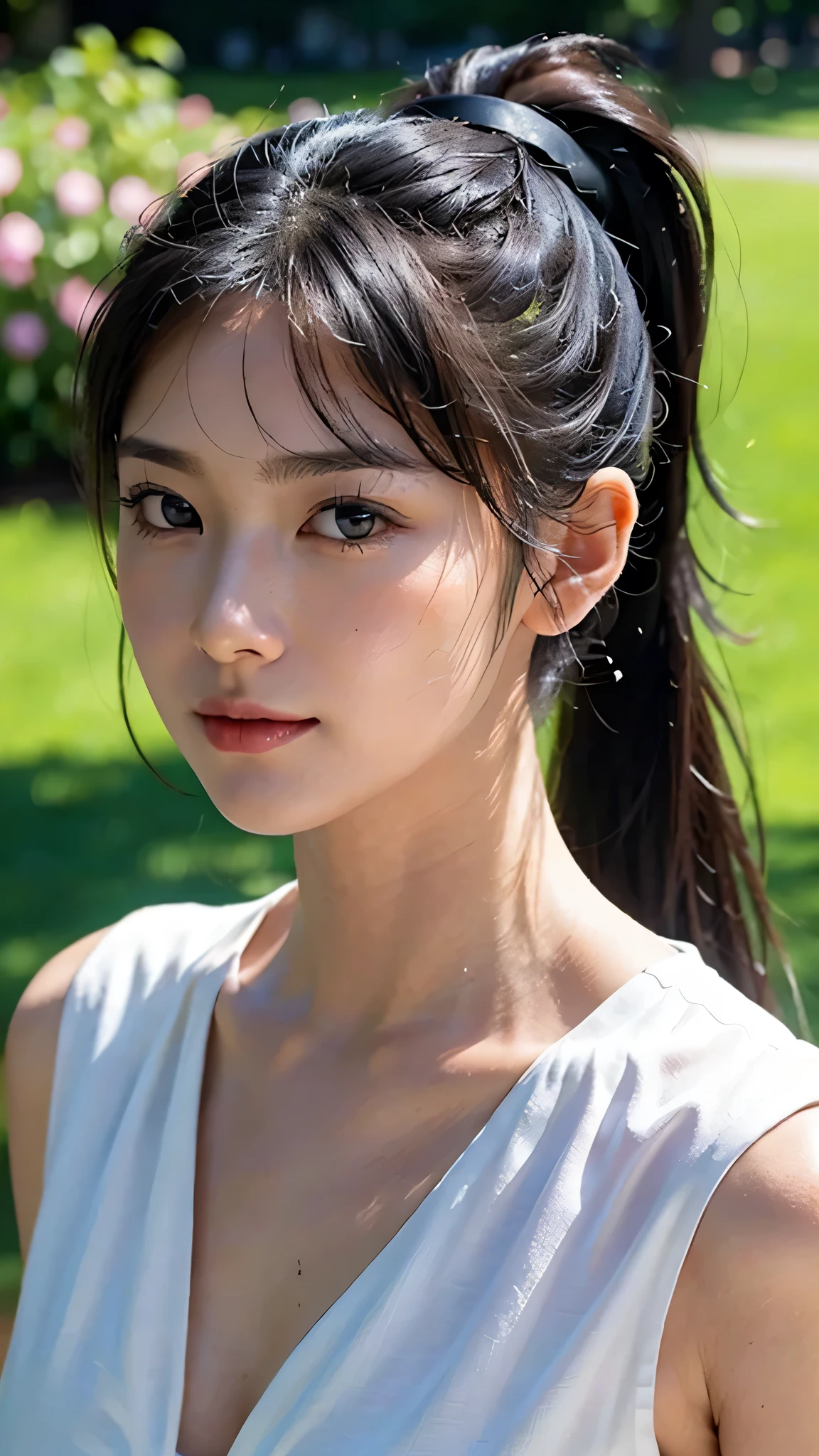 dress,outdoors,Urban Park,On the lawn,One woman,close up face,fully body photo,masutepiece, The highest image quality, High quality, the background is clear，Beautiful woman, Japanese, Detailed, Ultra-detailed, finely detail, hight resolution, 8K Wallpaper, Perfect dynamic composition, Beautiful detailed eyes ,Detailed eyes, Detailed skin, Beautiful skin, 超hight resolution, (reality: 1.4),Very beautiful woman, Slightly younger face, Beautiful skin, slender, (Ultra photo realsisim), (hight resolution), (8K), (Very detailed) (beautifully detailed eyes), (super detailed),   (Detailed face), view the viewer, Fine details, Detailed face, Staring straight ahead, Staring straight ahead, photos realistic, Bright lighting, Professional Lighting, Black hair,poneyTail,a baby face,sixteen years old,Hairstyle: ponytail,Long ponytail hairstyle,slight smile,