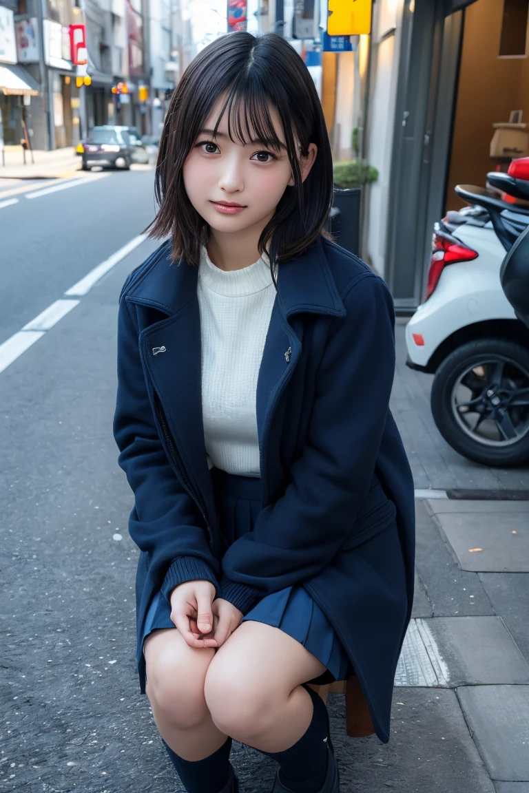 Highest quality, masterpiece, Ultra-high resolution, (Realistic:1.4), Raw photo, Very detailed, Perfect Anatomy, One girl, 12 years old, Most popular Japanese idols, Squat down with your feet tightly together, Put your hand on your cheek, On the streets of Japan in winter, An innocent smile, View your viewers, ((Panty shot, Under the skirt):1.3), (((Wearing white panties))), Detailed white panties, Very beautiful thighs and knees, ((extremely beautiful detailed crotch Wearing white panties)), Very beautiful legs, (She is wearing a navy blue pleated skirt and a brown duffle long coat.), Navy blue pleated skirt with attention to detail, Brown duffle long coat with attention to detail, Wearing black loafers and white socks on both feet, Very cute face like a famous Japanese idol, Very beautiful big black round eyes, Very beautiful black short hair, Cute face with attention to detail, Large, detailed, round black eyes, Detailed beautiful short black hair