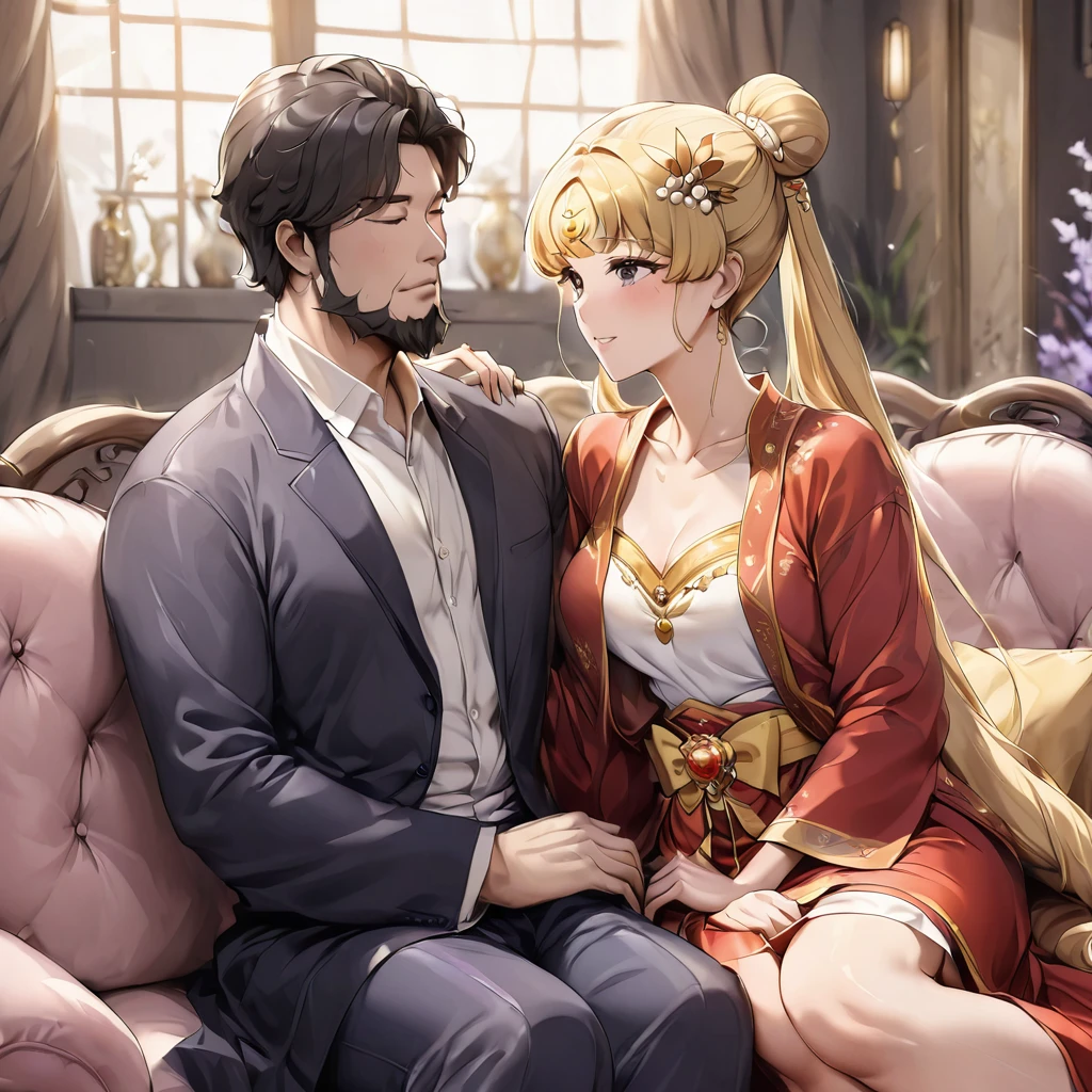 ((Highest quality)), ((masterpiece)), (detailed), (Perfect Face)、The woman is a Chinese girl named Tsukino Usagi, dressed in a gorgeous, glittering red Hanfu outfit with lots of gold embroidery, a gorgeous hair ornament, gorgeous jeweled accessories and an engagement ring. The woman and the man are sitting on a gorgeous, large sofa in a gorgeous room, and the woman is being embraced, kissed and caressed by a dignified, middle-aged Chinese man dressed in Hanfu.、The woman is the elegant Tsukino Usagi, a Chinese woman with long blonde hair in a chignon twin tail and wearing a red Hanfu with gorgeous gold embroidery all over it.、The man is a dignified, muscular, bearded, middle-aged Chinese man wearing the traditional Chinese dress, Hanfu.