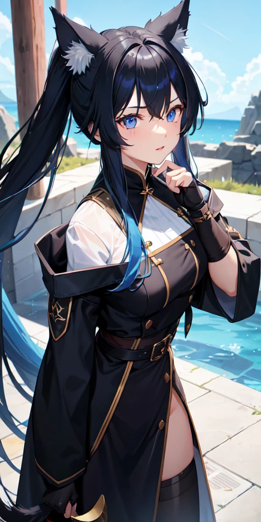create a character with long hair and her hair color is brown with some blue highlights, her right eye is dark blue and her left is black, with ears and a wolf tail.