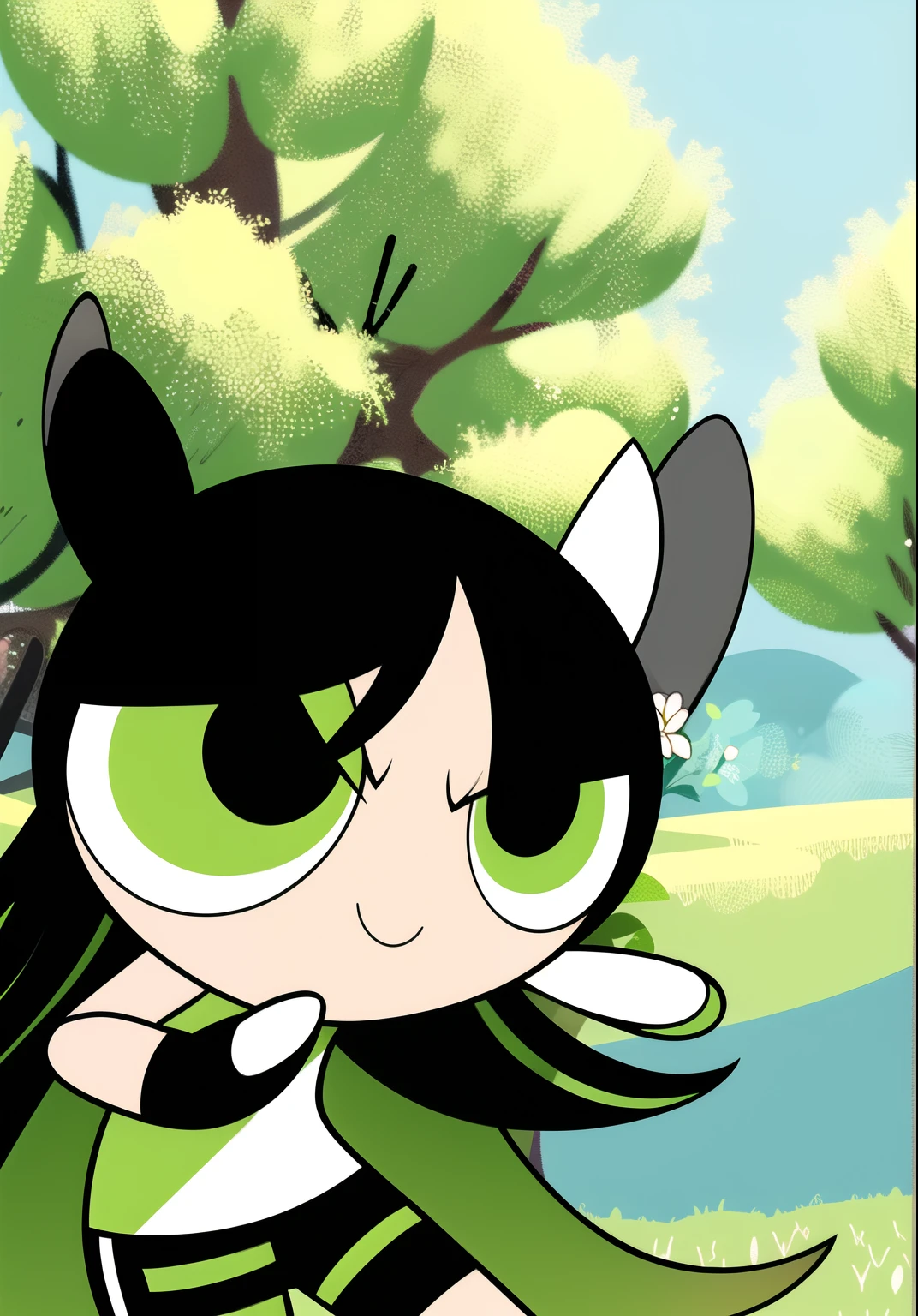 ((solo)), jianxindef, (long hair, gradient hair, black white hair), smile, chibi, 1girl, green eyes, gloves, jewelry, shorts, black shorts, asymmetrical gloves, blossom tree background,