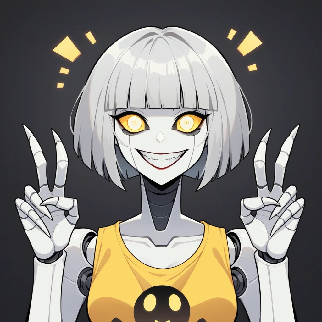Robot girl, robot, murder drone, murder drones, Serial Designation V, V murder drones, murder drones V, light gray hair, gray hair, silver hair, bob cut, bob hairstyle, silver bob hair, gray bob hair, bright yellow eyes, yellow eyes, yellow screen eyes, screen eyes, TV eyes, toothy smile, toothy grin, maniacal expression, evil expression, white skin, pale white skin, smooth skin, robot body, black and yellow outfit, black and yellow casual outfit, black and yellow clothing, casual clothing, casual outfit, claws, sharp metal claws, sharp robot claws, dark background, horror background