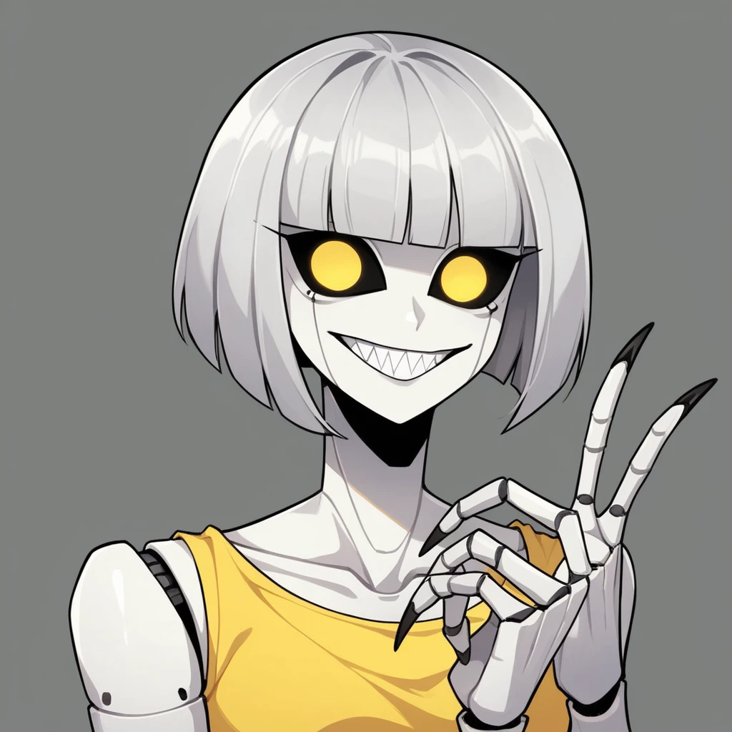 Robot girl, robot, murder drone, murder drones, Serial Designation V, V murder drones, murder drones V, light gray hair, gray hair, silver hair, bob cut, bob hairstyle, silver bob hair, gray bob hair, bright yellow eyes, yellow eyes, yellow screen eyes, screen eyes, TV eyes, toothy smile, toothy grin, maniacal expression, evil expression, white skin, pale white skin, smooth skin, robot body, black and yellow outfit, black and yellow casual outfit, black and yellow clothing, casual clothing, casual outfit, claws, sharp metal claws, sharp robot claws, dark background, horror background, full-body image