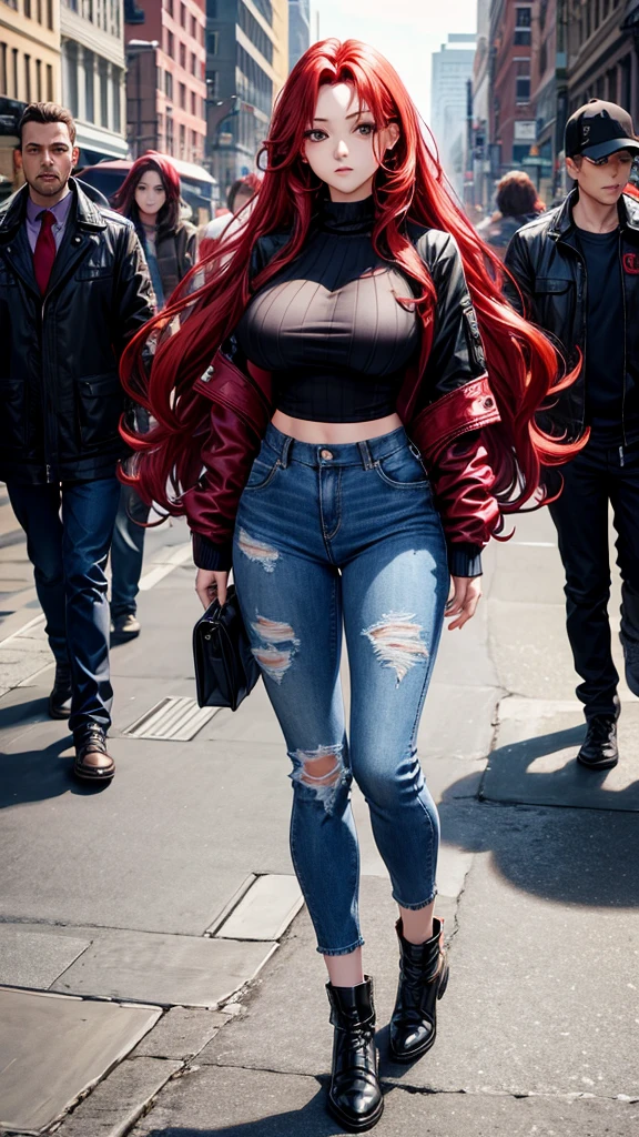 Long red hair, wavy hairstyle, black eyes, big breasts, female, jacket, sweater, jeans, full body