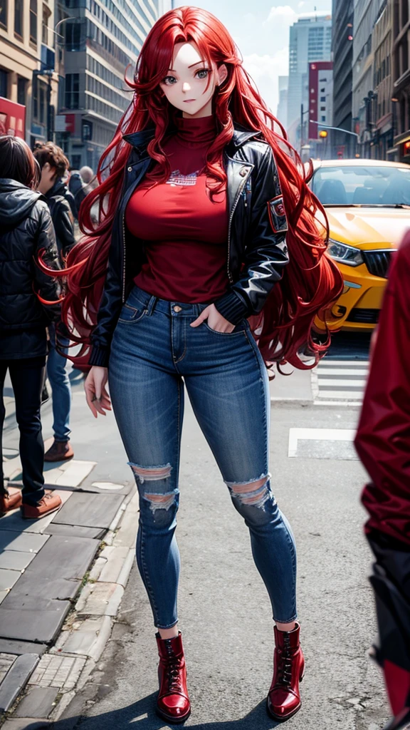 Long red hair, wavy hairstyle, black eyes, big breasts, female, jacket, sweater, jeans, full body