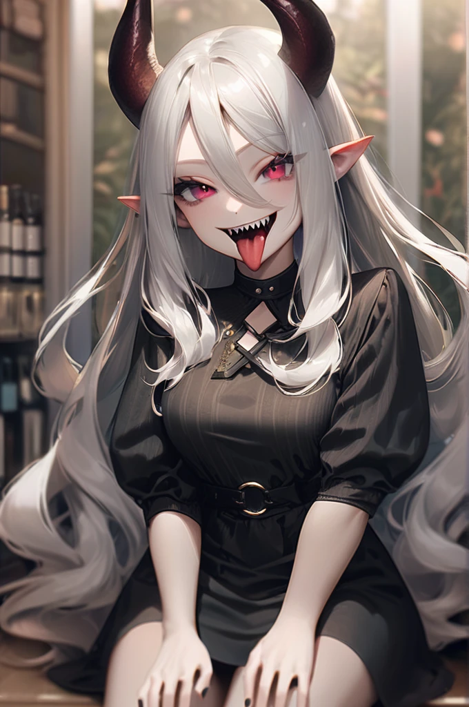 ((Лучшее качество)), ((шедевр)), (подробный), 1girl, belt, black collar, black nails, blurry, blurry background, breasts, deep skin, depth of field, fangs, grabbing own breast, horns, indoors, long hair, looking at viewer, nail polish, o-ring, open mouth, pointy ears, self fondle, sharp teeth, smile, solo, teeth, tongue, tongue out