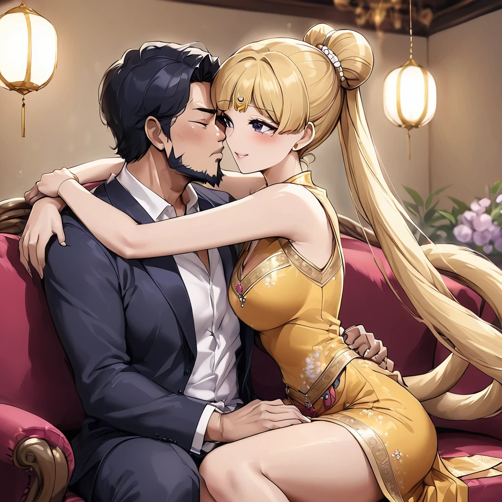 ((Highest quality)), ((masterpiece)), (detailed), (Perfect Face)、The woman is a Thai girl named Tsukino Usagi, and is wearing a gorgeous, glittering, gold-embroidered traditional Thai dress in a luxurious Thai mansion, with gorgeous jeweled accessories and an engagement ring. The woman and the man are sitting on a large, luxurious sofa in the luxurious room, and the woman is being embraced, kissed and caressed by a dignified, middle-aged Thai man wearing a rugged Thai traditional dress.、The woman is the elegant Tsukino Usagi, with long blonde hair in a chignon twin tail, and the woman is a Thai girl wearing a gorgeous Thai dress.、The man is a dignified, sturdy, bearded, middle-aged Thai man wearing Thai national costume.