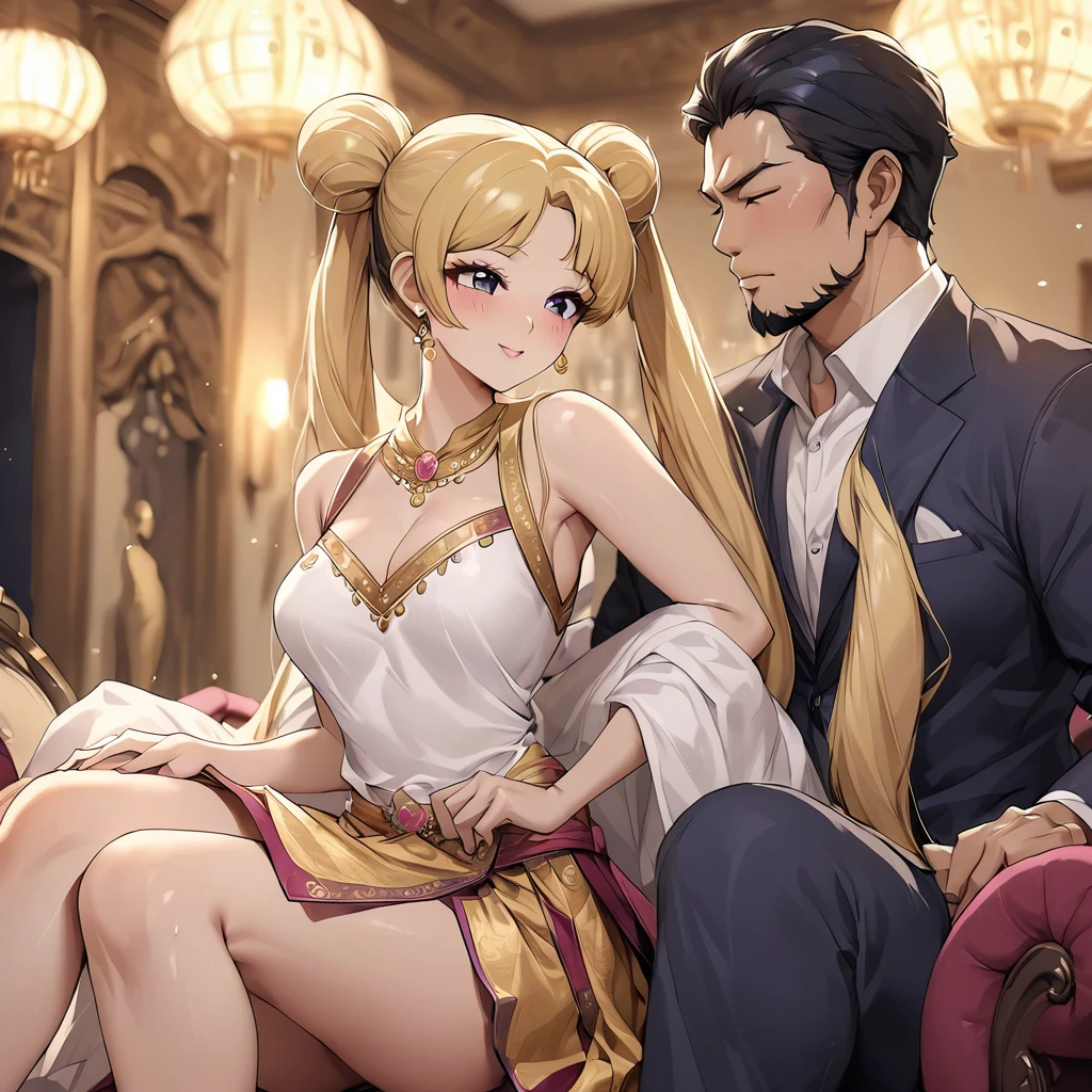 ((Highest quality)), ((masterpiece)), (detailed), (Perfect Face)、The woman is a Thai girl named Tsukino Usagi, and is wearing a gorgeous, glittering, gold-embroidered traditional Thai dress in a luxurious Thai mansion, with gorgeous jeweled accessories and an engagement ring. The woman and the man are sitting on a large, luxurious sofa in the luxurious room, and the woman is being embraced, kissed and caressed by a dignified, middle-aged Thai man wearing a rugged Thai traditional dress.、The woman is the elegant Tsukino Usagi, with long blonde hair in a chignon twin tail, and the woman is a Thai girl wearing a gorgeous Thai dress.、The man is a dignified, sturdy, bearded, middle-aged Thai man wearing Thai national costume.