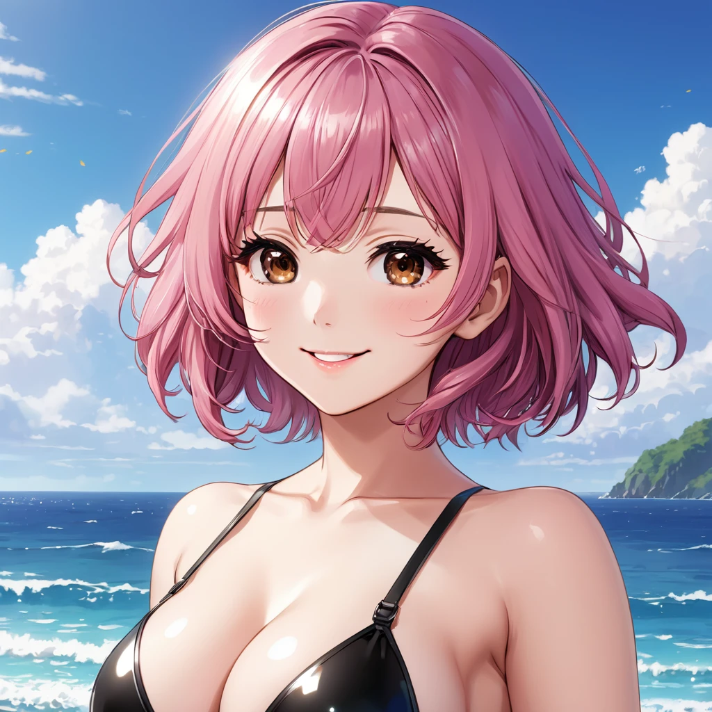 gorgeous,a cutegirl, anime, best quality, extremely,detailed,masterpiece,cleavage,perm,Pink hair, Short bob,8K, best quality, ultra detailed, extremely CG illustration, brown eyes,upward glance, (beautiful detailed eyes:1.1), 1girl, shiny hair, happy, shine pupil, cute face, soft smile, smiling, kawaii, strong woman, cleavage, (young,18 years old),(Black bikini),beautiful sea, beautiful sky,from above, looking up,Show your armpits,