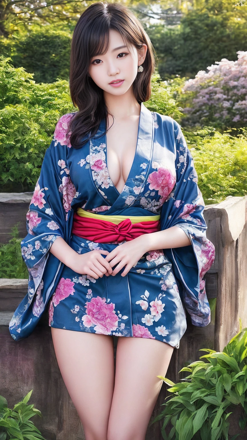 最high quality、high quality、Best image quality、8K、最High resolution、High resolution、最high quality、masterpiece、RAW Photos、whole body写真、Detailed and realistic human body、Detailed and realistic skin、Realistic face in every detail、Detailed and realistic eyes、Detailed and realistic lips、Detailed and realistic teeth、Detailed and realistic ears、Detailed and realistic hair、Realistic reproduction of every detail、((Beautiful Hands(thumb1、reference4))、Realistic feet down to the last detail、((Beautiful Japanese Girl))、(Japanese Model)、((18 year old beautiful girl))、(Black Hair)、(Random Hairstyles)、((whole body))、((Slim and perfect figure))、(Beautiful and firm breasts)、(whole body光沢肌、Fair skin)、Soft natural light、Mini Chinese Dress、Mini Kimono、Ninja costume、Japanese tradition、Japanese garden、((Colorful floral pattern(Sexy Kimono))、((Relax in the garden(Poses to make your thighs look beautiful))