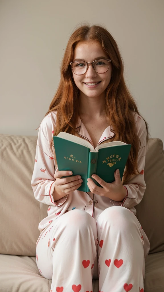 Photo taken from afar. The entire body appears ultra-realistic. Super detailed face of a 20-year-old influencer with long, wavy red hair. Fair skin with freckles and big green eyes. Wearing glasses, she has a perfect, unflappable heart-shaped face with rosy cheeks and a natural smile. perfect hands, Wearing children's stuffed animal clothes, children's pajamas, wearing pajama pants, without being sexy. highly realistic. Sitting on the sofa, legs crossed on the sofa. She is (reading a book) UHD, taken on a Sony A7III --ar 1:2 --style raw --stylize 250