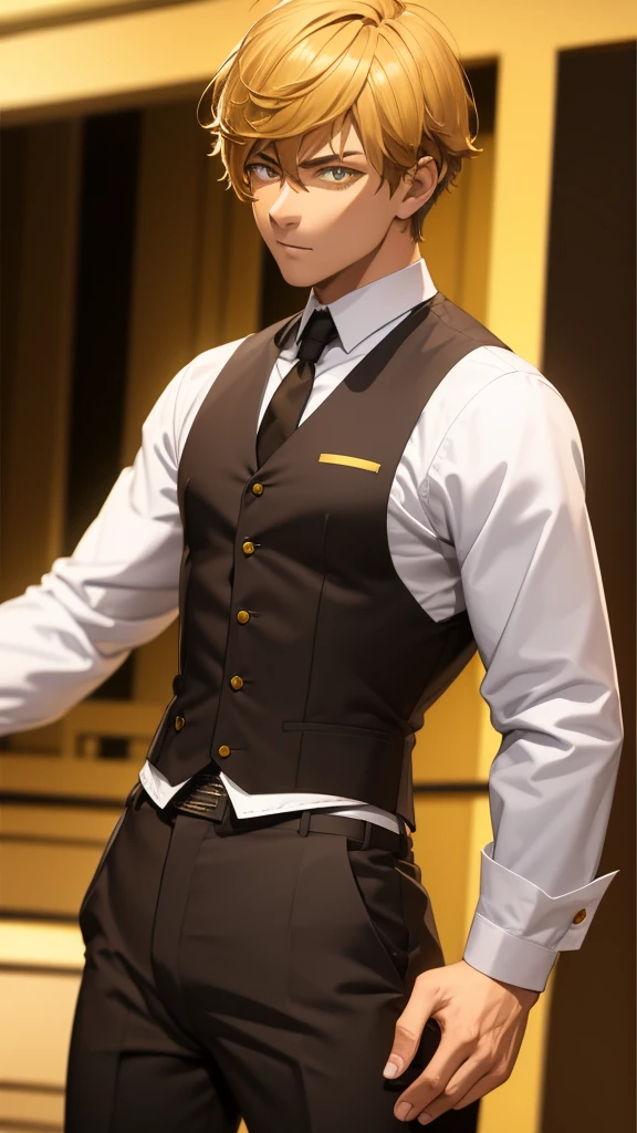 fair brown-skinned, shorth hair, shirt Yellow, eyes black, fully body, male focus, waistcoat, yellow hair,
