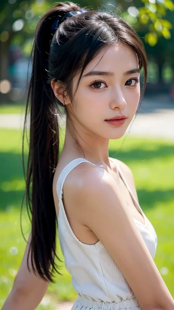 dress,outdoors,Urban Park,On the lawn,One woman,close up face,fully body photo,masutepiece, The highest image quality, High quality, the background is clear,Beautiful woman, Japanese, Detailed, Ultra-detailed, finely detail, hight resolution, 8K Wallpaper, Perfect dynamic composition, Beautiful detailed eyes ,Detailed eyes, Detailed skin, Beautiful skin, 超hight resolution, (reality: 1.4),Very beautiful woman, Slightly younger face, Beautiful skin, slender, (Ultra photo realsisim), (hight resolution), (8K), (Very detailed) (beautifully detailed eyes), (super detailed), (Detailed face), view the viewer, Fine details, Detailed face, Staring straight ahead, Staring straight ahead, photos realistic, Bright lighting, Professional Lighting, Black hair,poneyTail,a baby face,sixteen years old,Hairstyle: ponytail,Long ponytail hairstyle,slight smile,