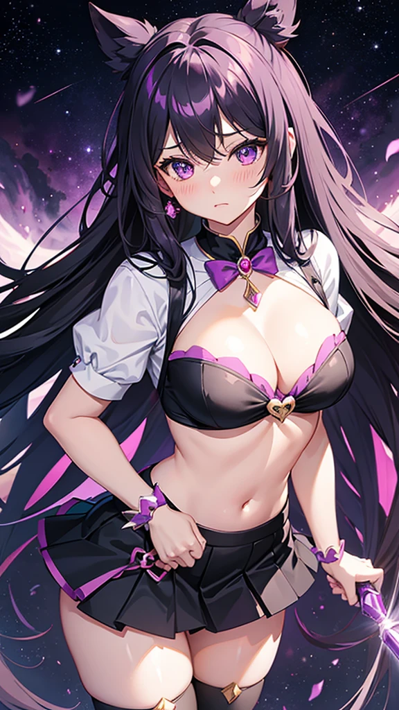 Magical girl　Black costume　mini skirt　Purple long hair　Great style　Large breasts　blush　Embarrassed　universe space