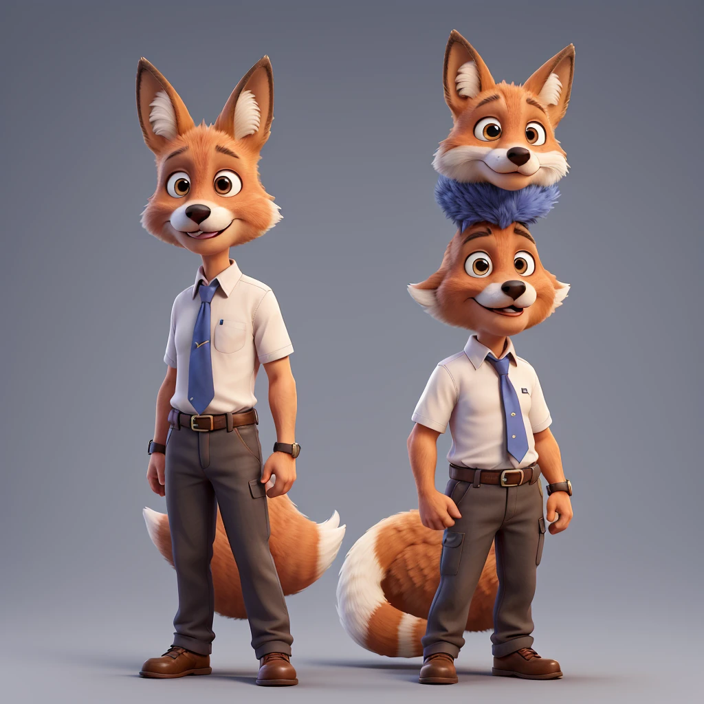 Create an image of an anthropomorphized male fox with a transparent background. The fox must have the following characteristics:
badass clothing: blue necktie , white dress shirt, waist belt, pants and dress shoes.
Expression: looking at the screen with a smile, with an imposing look.
Position: Pointing left finger to right, with his hand raised, with the body facing the side of the raised hand.
Physical characteristics:
cos: Short and slightly chubby, but not obese. Avoid childish traits.
Height: Approximately half the height of an adult human.
strokes: strokes angulares.
muka: proportional to the body, avoiding an excessively large face. no human hair, just features of a fox (muzzle, fox ears and eyes).
styled: Mix of human and fox, with a clearly fox-like face (muzzle, fox ears and eyes) and not human. Avoid childish traits.