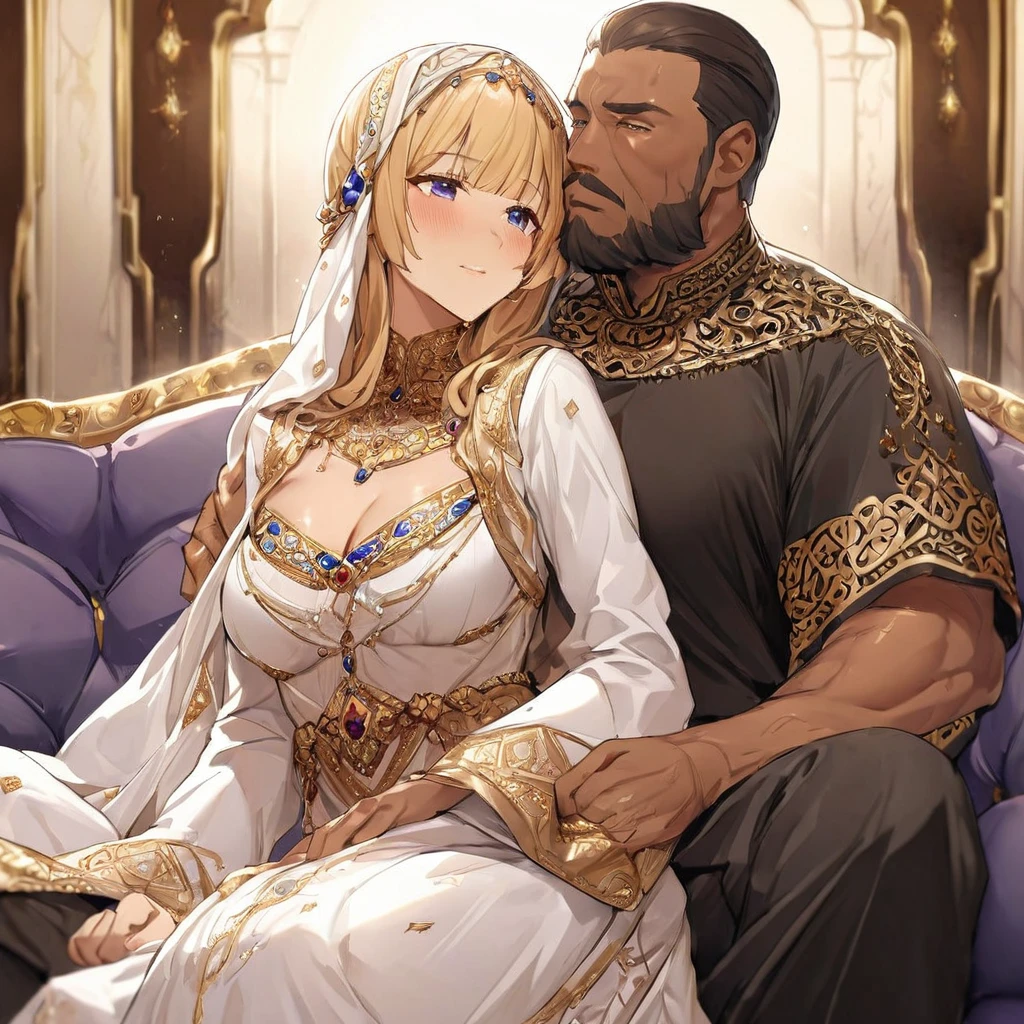 ((Highest quality)), ((masterpiece)), (detailed), (Perfect Face)、The woman is Tsukino Usagi, an Arab Muslim with vivid brown skin, and is wearing a gorgeous, glittering Arab national costume with gold embroidery, a gorgeous hijab, a gorgeous hair ornament, gorgeous jeweled accessories, and an engagement ring in a luxurious Islamic mansion. The woman and the man are sitting on a luxurious, large sofa in the luxurious room, and the woman is being embraced, kissed, and caressed by a dignified, bearded, middle-aged Arab Muslim man wearing Arab national costume.、The woman is the elegant Tsukino Usagi, with long blonde hair in a chignon twin tail, wearing Arab national dress and a gorgeous hijab. She is a Muslim Arab with vivid brown skin.、(The woman is a dark-skinned Arab Muslim named Tsukino Usagi)、The man is a Muslim, dignified, strong-looking, bearded, middle-aged Arab man wearing traditional Arab clothing.