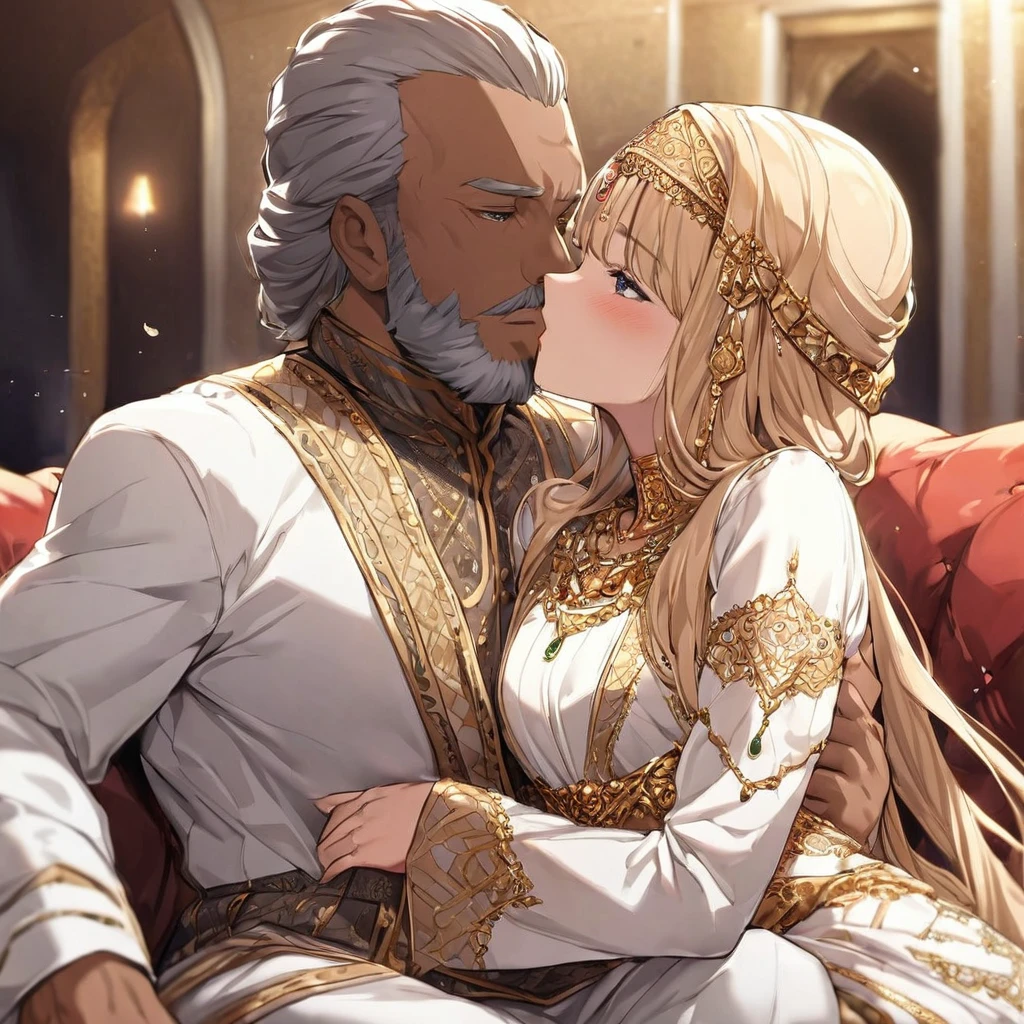 ((Highest quality)), ((masterpiece)), (detailed), (Perfect Face)、The woman is Tsukino Usagi, an Arab Muslim with vivid brown skin, and is wearing a gorgeous, glittering Arab national costume with gold embroidery, a gorgeous hijab, a gorgeous hair ornament, gorgeous jeweled accessories, and an engagement ring in a luxurious Islamic mansion. The woman and the man are sitting on a luxurious, large sofa in the luxurious room, and the woman is being embraced, kissed, and caressed by a dignified, bearded, middle-aged Arab Muslim man wearing Arab national costume.、The woman is the elegant Tsukino Usagi, with long blonde hair in a chignon twin tail, wearing Arab national dress and a gorgeous hijab. She is a Muslim Arab with vivid brown skin.、(The woman is a dark-skinned Arab Muslim named Tsukino Usagi)、The man is a Muslim, dignified, strong-looking, bearded, middle-aged Arab man wearing traditional Arab clothing.