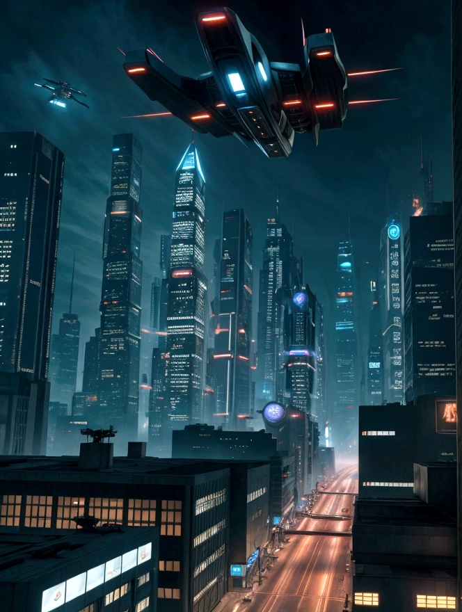 Futuristic city with flying cars and buildings with advertisements to be seen by the flying cars similar to those in the movie Blade Runner at night. photographic quality, cinematic, high realism, professional cam.