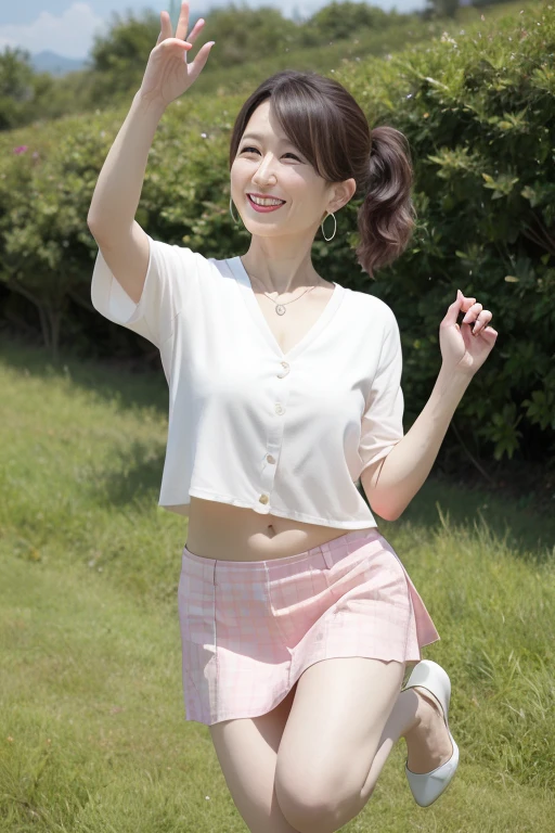 Beautiful mature woman, 55-year-old Japanese woman, Married women, Fine Lines, Long eyelashes, Shining Eyes, Low Ponytail, eye shadow, Red lipstick, Pink Cheeks, elegant, Pearl Necklace, Earrings, summer, light shirt, Cleavage, skirt, photo shoot, Green grassland, hill, Jump, Jump High, skirtがめくれる, Panties